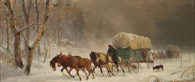 Painting of a pioneer wagon in a storm. 