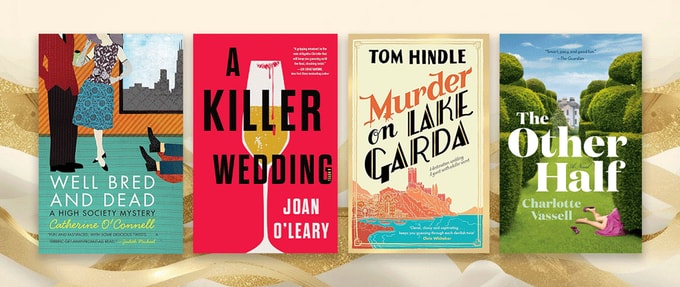 Four book covers set against gold background.