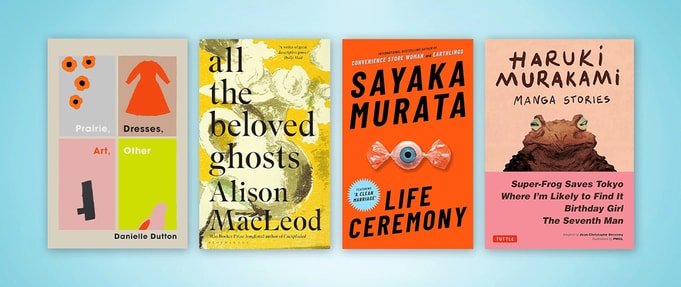 Four book covers set against blue background.