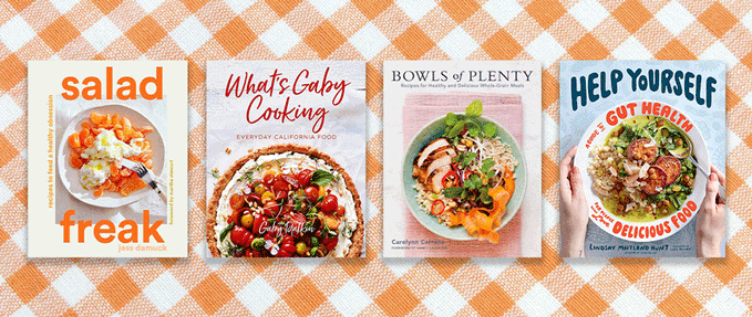 Covers of "Salad Freak," "What's Gaby Cooking," "Bowls of Plenty," and "Help Yourself" set against orange gingham background.