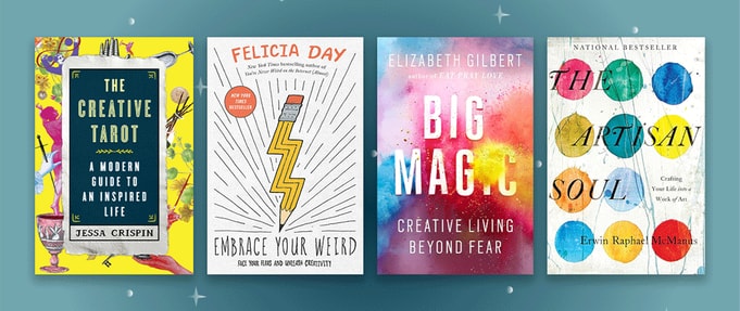 Creativity books set against blue background. 