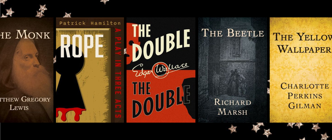 five book covers over black starry background