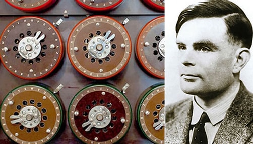 The New Bombe pictured next to Alan Turing 