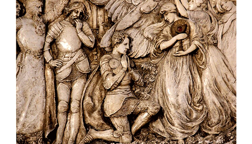 A detail of the large plaque titled Sir Perceval's Vision of the Holy Grail by Frances Darlington in St Mary's Church.