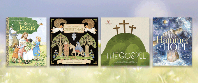 children's-bible-books_feature Four children's bible books set against photo of field.
