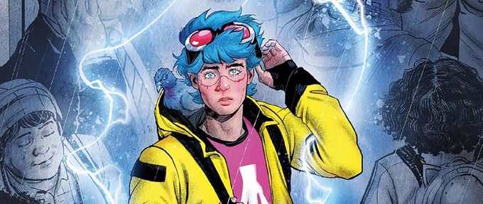 superhero with blue hair and yellow rain jacket stands in a field of lightning