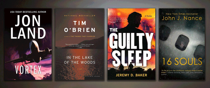 veteran-thrillers_feature  Cover of "Vortex" by Jon Land, "In the Lake of the Woods" by Tim O'brien, "The Guilty Sleep" by Jeremy D. Baker, and "16 Souls" by John J. Nance, on a cloudy sky background