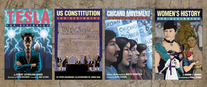 Four book covers over newspaper background