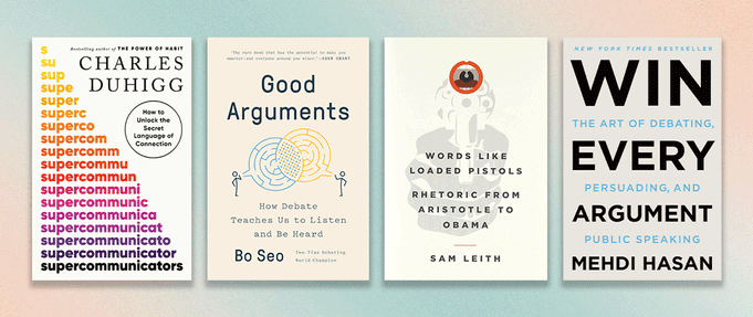 books-about-the-art-of-debate_feature Four book covers set against gradient background.