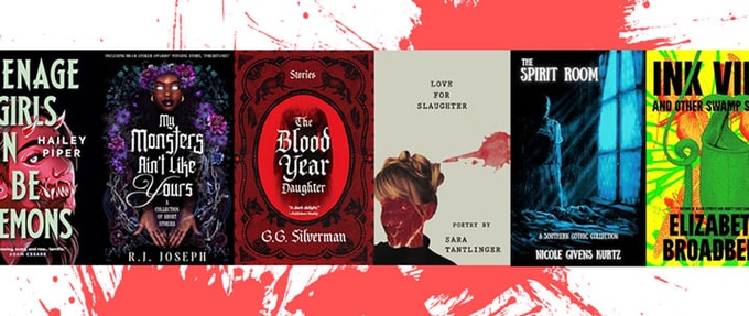 unsettling-horror-collections-written-by-women 6 book covers over red paint splatter