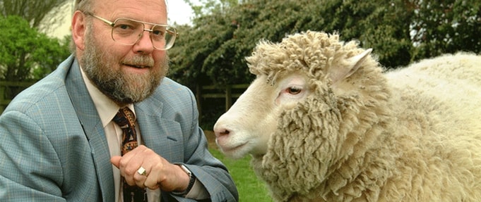 history-of-cloning_feature Photo of Dolly with Professor Sir Ian Wilmut, who led the research which produced her.
