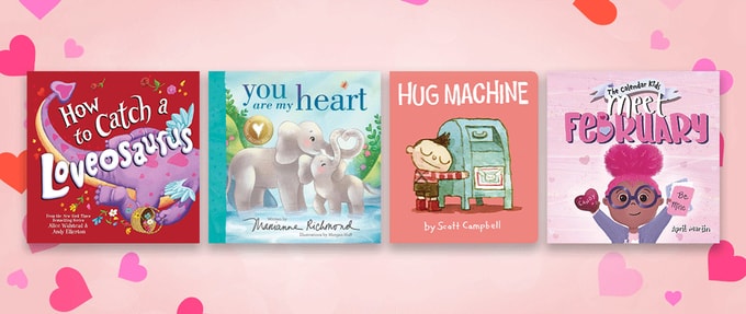 Four children's books about love set against pink background with hearts.