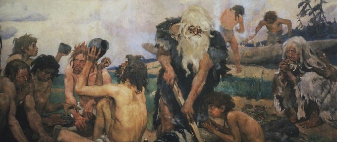 books-about-the-stone-age_feature A painted depiction of life in the Stone Age—men gathered around in animal fur clothing, holding rocks, and warming by the fire.