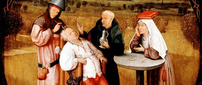 Detail from 'The Extraction of the Stone of Madness,' a painting by Hieronymus Bosch depicting trepanation.