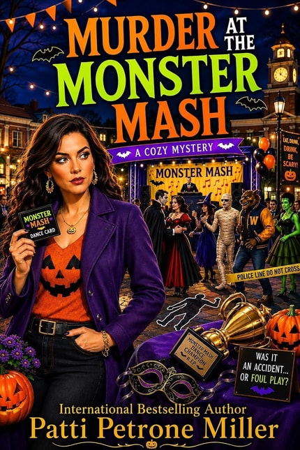 Woman holding a monster mash dance card at a Halloween party on the cover of Murder at the Monster Mash