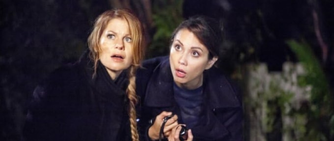 Candace Cameron Bure and Ellie Harvie in "A Bone to Pick: An Aurora Teagarden Mystery"