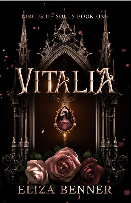 Dark castle, necklace pendant, and roses on Vitalia cover. 