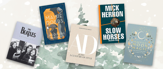 most-giftable-books-of-2025 Five giftable titles against wintery background.
