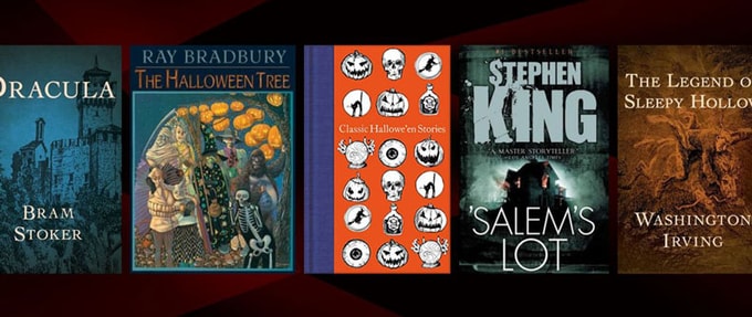 classic-halloween-tales_feature Five book covers over dark red background