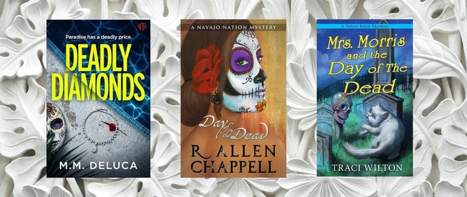 mystery-books-about-the-day-of-the-dead_feature Three book covers atop a white flower background.