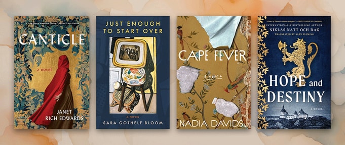 best-historical-fiction-books-winter-2025_feature Four historical fiction covers set against yellow and blue watercolor background.