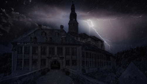 Haunted castle at night, lightning strikes 
