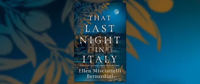 Book cover of That Last Night In Italy over blurry background of gold leaves from book cover