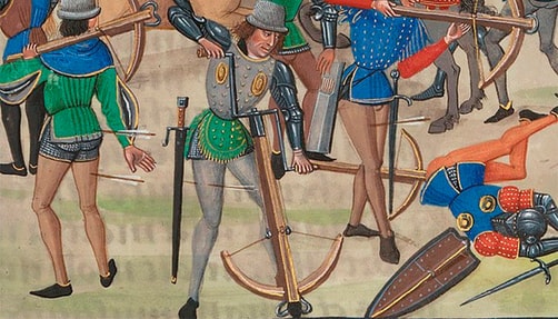 Illustration of crossbowmen during the Battle of Crecy.