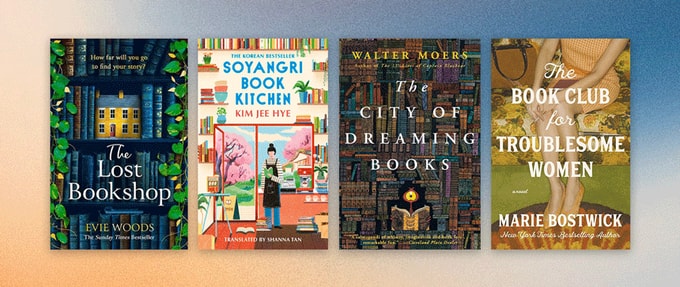 Four book covers set against blue and yellow background.