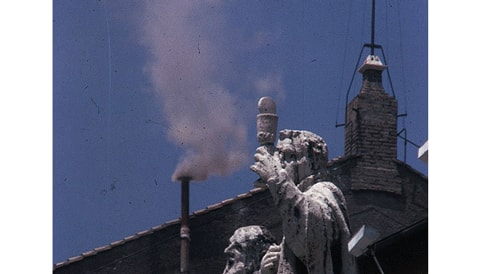 Photo of white smoke rising from the Vatican at the election of Pope Paul VI in 1963.