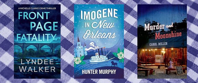 Covers of three books on this list over a blue plaid background.