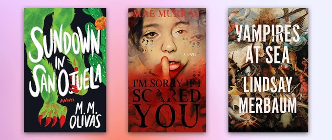 lgbtq-horror-authors-to-read_feature Three book covers set against pink background.