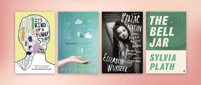 Four book covers set against pink background.