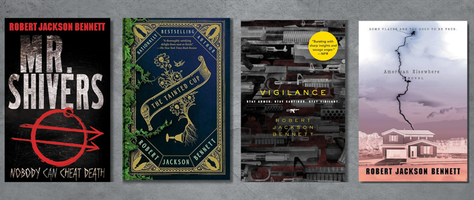 collage of robert jackson bennett books including the tainted cup