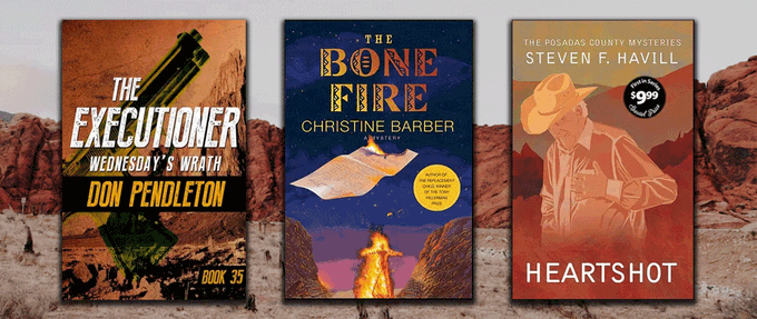 Covers of 'The Executioner', 'The Bone Fire', and 'Heartshot' over a desert background. 
