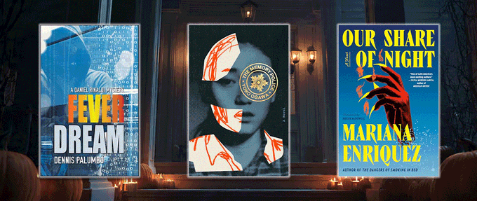 Covers of "Fever Dream", "The Memory Police", "Our Share of Night"