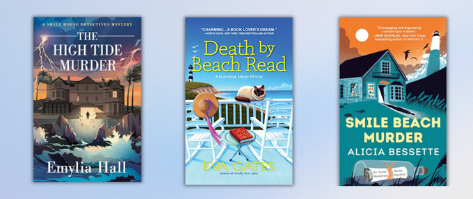 Three book covers on a blue background
