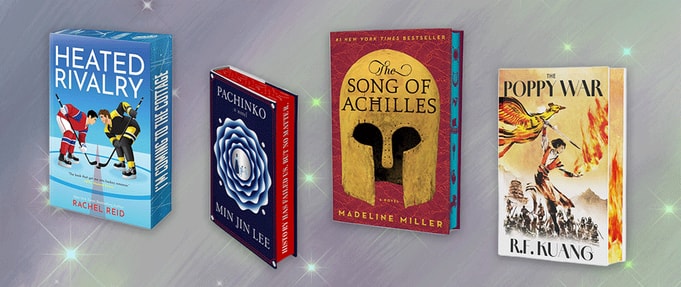 Four book covers against sparkly purple background.