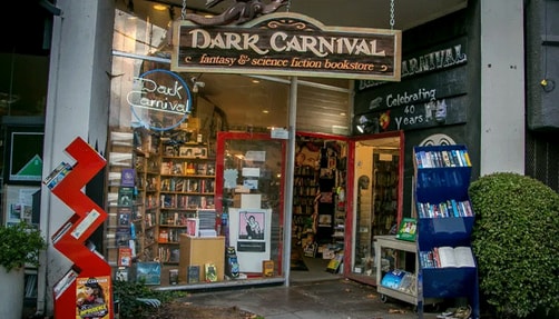 Exterior of Dark Carnival Bookstore.