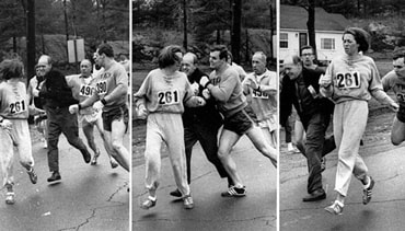 Photos of Kathrine Switzer running the 1967 Boston Marathon.