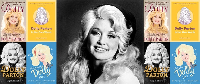 remembering-dolly-parton_feature Four book covers next to photo of Dolly Parton.