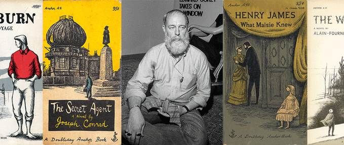 Photo of Edward Gorey with his book covers.