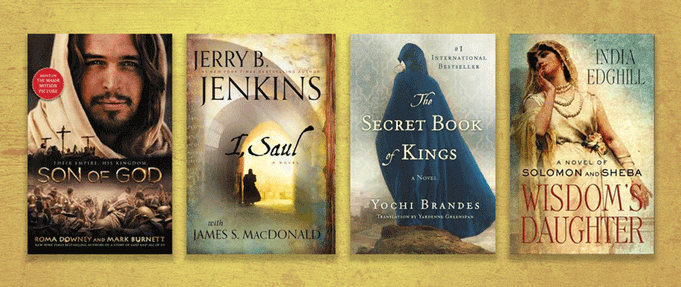 Four biblical fiction books set against gold background.