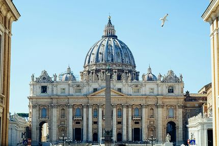 vatican_building-price-of-children A seagull flies past the Vatican building.