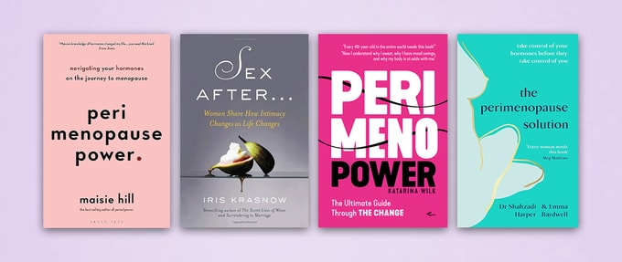 Four book covers set against purple background.