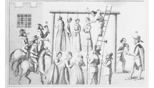 Illustration of "witches" being hanged.