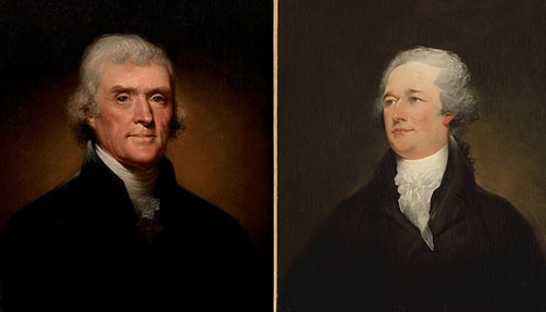 Illustrations of Thomas Jefferson and Alexander Hamilton.