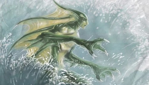 A siyokoy—a fish-like humanoid creature—amidst the water.