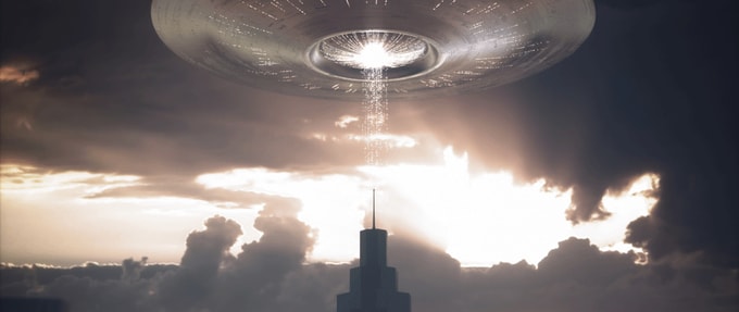 Photo of alien spacecraft above city. 