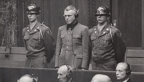 Photo of defendant on trial in Nuremberg. 